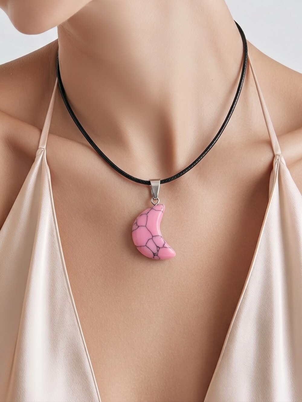 Pink Howlite Crescent Moon Necklace Bubblegum Celestial Boho Stone Pendant